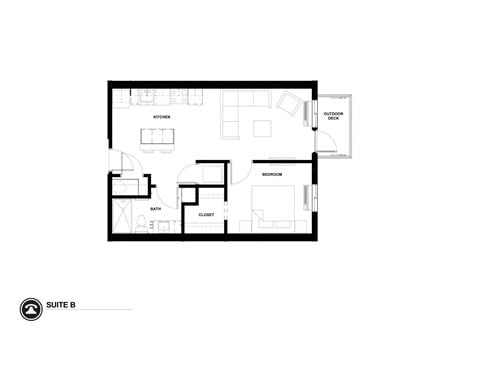 Floor plan for 1 bed, 1 bath, 684 sqft